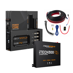 Here’s the rewritten sentence using your given product data: The iTechworld 300Ah Super Slim Power Core All-in-One Complete System, featuring the Power Core unit, iTECH300SS LiFePO4 battery, wiring cables, connectors, and fuses from iTechworld, is arranged on a white background.