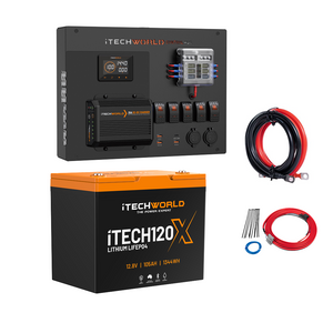 The iTechworld Control Hub Kit includes a 12.8V iTECH120X PRO LiFePO4 battery, battery management control panel, 25A DCDC charger, cables, fuse holder, ring terminal, and wires—ideal for your 12V system.