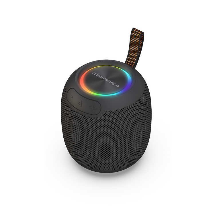 The iTechworld Pulse Mini is a black waterproof portable speaker featuring a mesh body, control buttons, a vibrant LED ring on top, an orange-and-black strap, and the iTechworld logo—delivering stylish, high-fidelity audio anywhere.