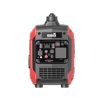 Front view of the Redback RB2 Portable Inverter Generator (2000W 2KVA) in red and black, showing its control panel with switches, buttons, indicator lights, power sockets, and bottom vent—ideal for camping use.
