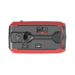 Top view of the Redback RB2 Portable Inverter Generator (2000W 2KVA) with a red and black casing, left-side fuel cap, labeled control panels, and central handle—ideal for camping or outdoor use.