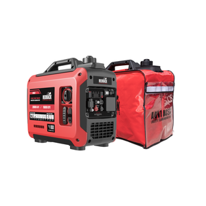The iTechworld Redback RB2 portable inverter generator 2000W 2KVA, featuring a control panel and handle, sits next to its matching red generator cover with black trim and logo, both displayed on a white background.
