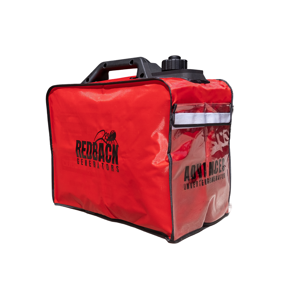 The iTechworld Redback Inverter Generator Protective Cover (RB2) is a red, rectangular case with a black handle and a reflective strip, designed for superior protection and compatible with Redback Generators.