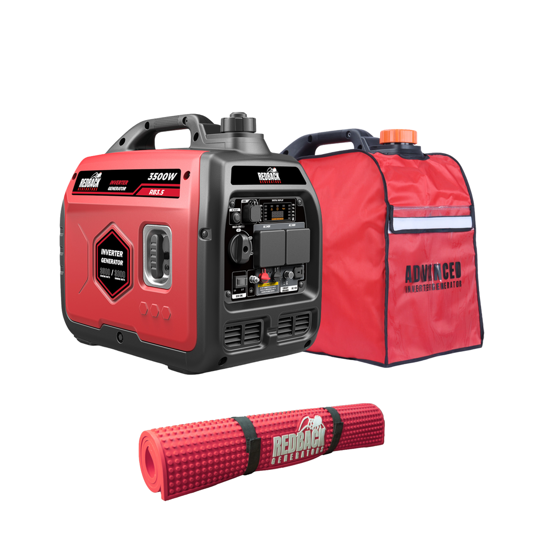 The iTechworld Redback RB3.5 Portable Inverter Generator 3500W 3.5KVA, shown with a labeled generator mat and cover, is displayed on a white background.