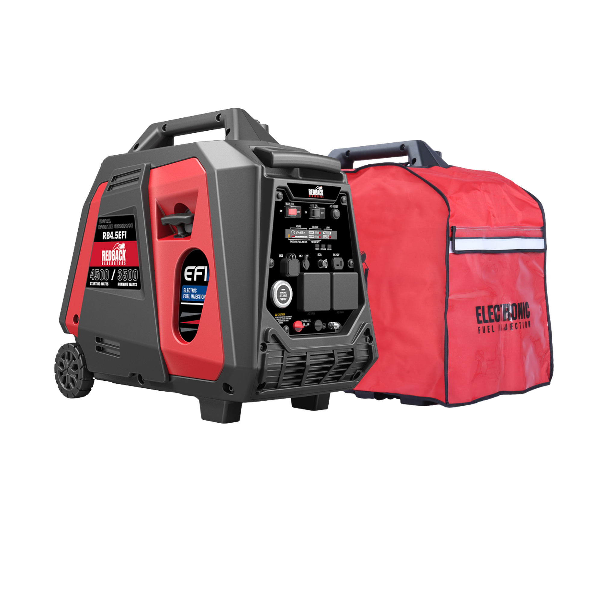 The iTechworld Redback RB4.5 Portable Inverter Generator (4500W 4.5KVA) with control panel and wheels is shown beside its red cover, ideal for backup power and featuring EFI and recoil start labels.