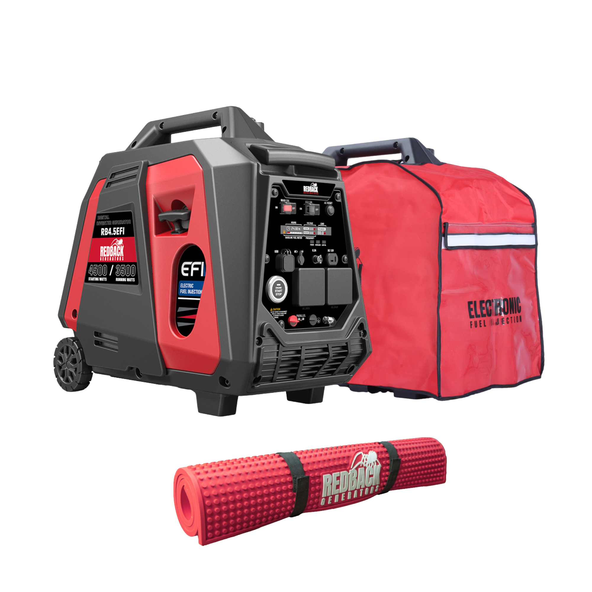 The iTechworld Redback RB4.5 is a portable red and black 4500W inverter generator with wheels, handle, control panel, and comes with a matching generator mat and cover.