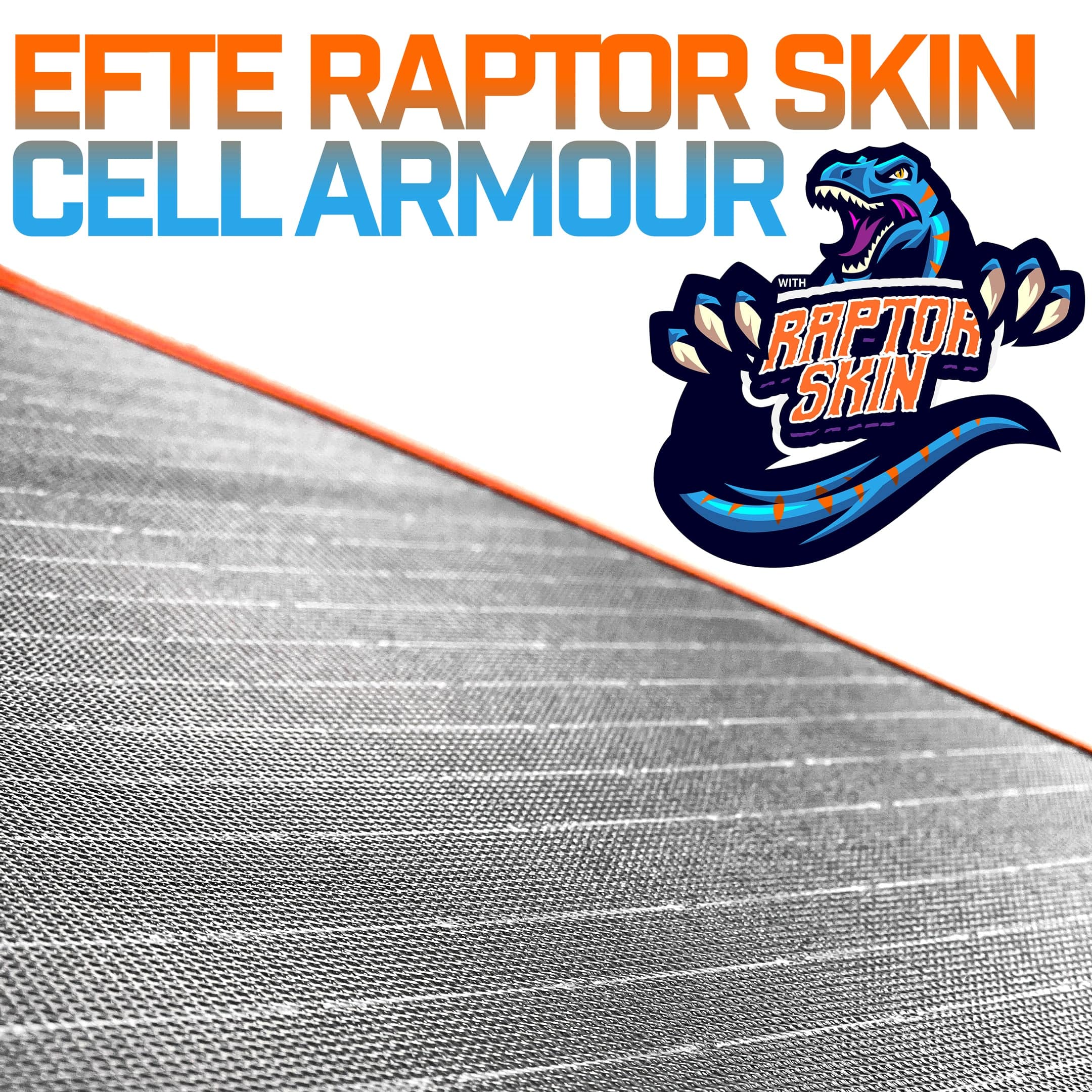 Close-up of a textured EFTE sheet with the text “EFTE RAPTOR SKIN CELL ARMOUR,” featuring a cartoon blue raptor holding a sign that says “RAPTOR SKIN” in the upper right corner—a durable surface, perfect for use with your iTechworld Ultimate | Solar Generator Kit PS1800 PRO Power Station and 300W Solar Blanket.
