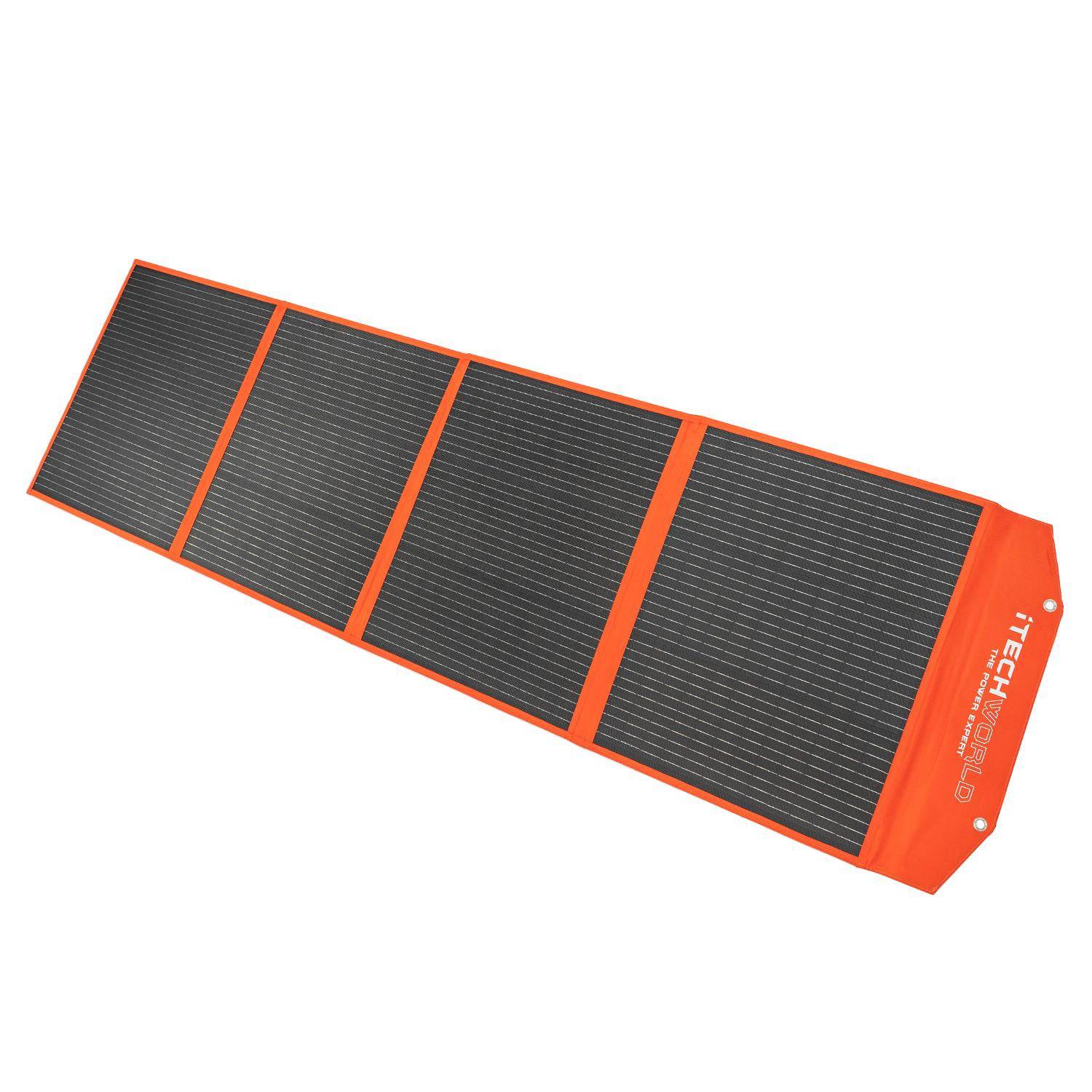 The iTechworld 200W Solar Blanket with Raptor Skin features four sleek black rectangular panels framed in bright orange, laid flat on a white background—showcasing its modern Tech Solar design.