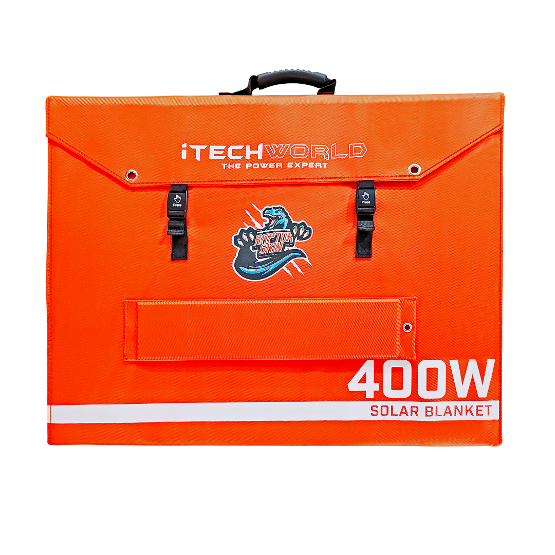 The 400W | Solar Blanket | with Raptor Skin features a bright orange case with black handle, two buckles, lizard logo, and white 400W SOLAR BLANKET text—ideal for your portable solar panel setup.