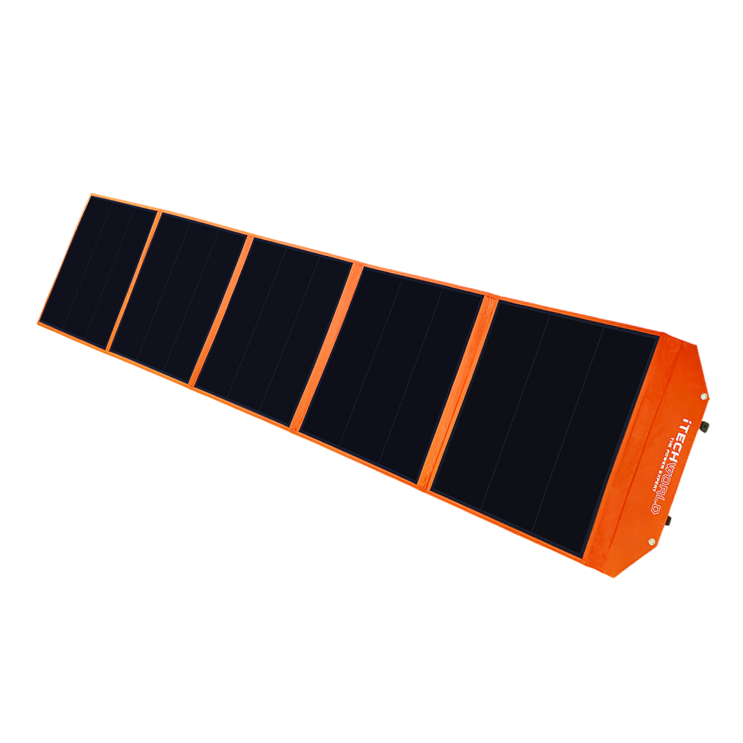The 400W Solar Blanket with Raptor Skin features six black rectangular panels and an orange frame, shown fully extended at an angle on a white background.