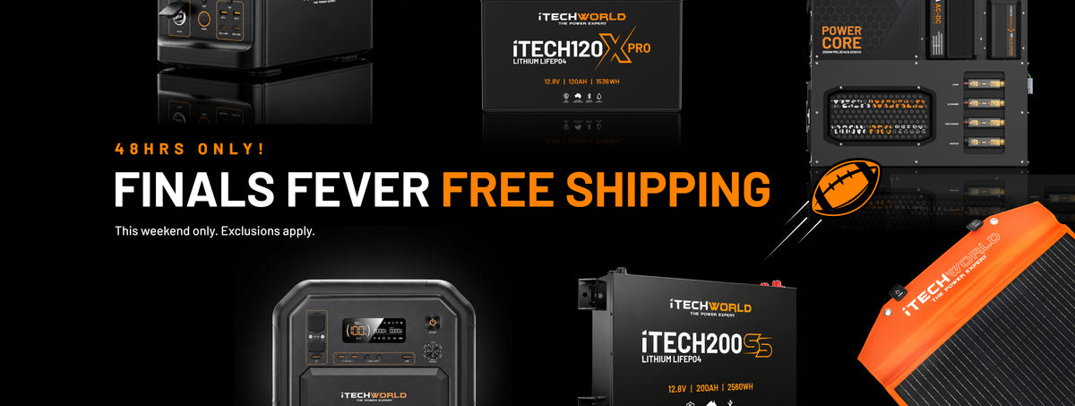 Promotional banner for ITECH 1200W power supplies showing multiple black and orange models with large text reading '48HRS ONLY! FINALS FEVER FREE SHIPPING' on a black background.