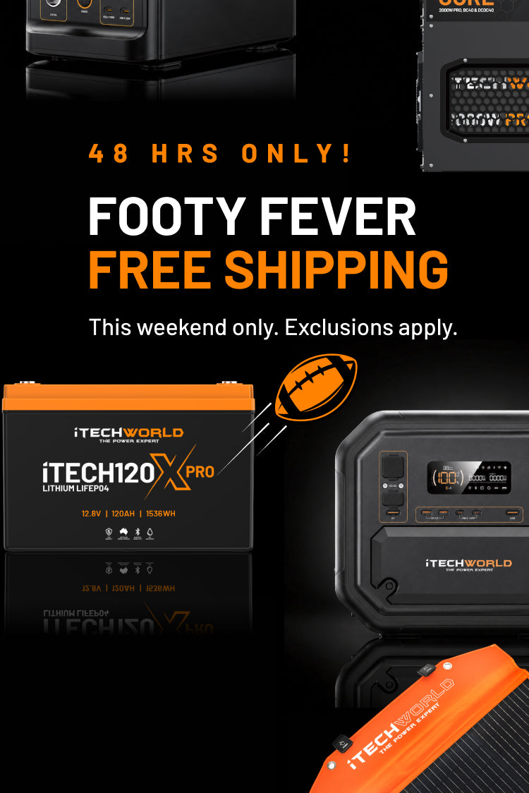 Promotional graphic for the iTECH120X PRO lithium battery by iTECH WORLD, featuring the battery and a rugged power supply on a black background with large text advertising 'FOOTY FEVER FREE SHIPPING' and '48 HRS ONLY!'.
