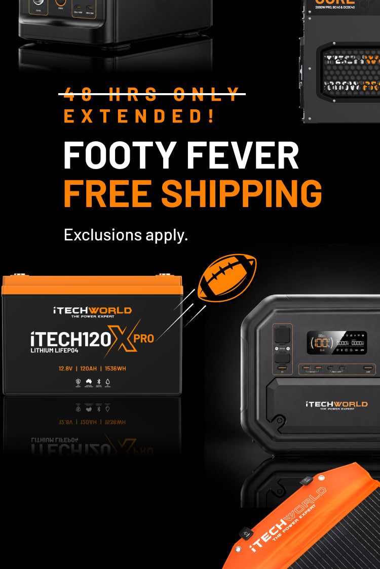 Promotional graphic for the iTECH120X PRO Lithium Battery by iTECH WORLD, showing the battery and a rugged power unit on a black background with large text reading 'FOOTY FEVER FREE SHIPPING' and '48 HRS ONLY EXTENDED!'.