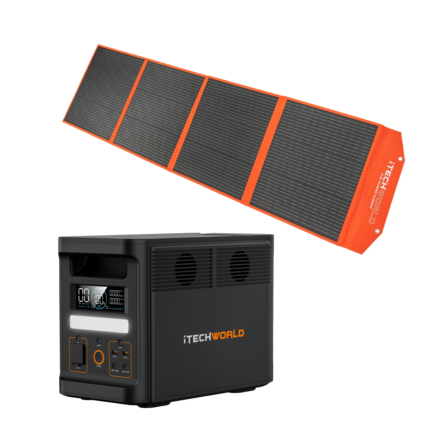 The iTechworld Pro | Solar Generator Kit features the PS1800 PRO Power Station with digital display and a foldable 200W Solar Blanket, both in black and orange, designed for outdoor charging.