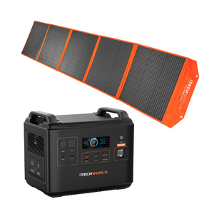 The iTechworld Elite Solar Generator Kit pairs the PS2000 Power Station—featuring a digital display and multiple ports—with a foldable orange and black 300W Solar Blanket for reliable portable power.