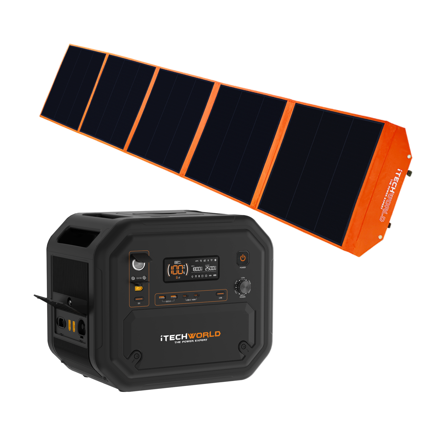 The iTechworld Ultimate Solar Generator Kit, featuring the PS2800 Power Station in black with multiple ports and a branded orange 400W foldable solar blanket, is displayed on a white background.