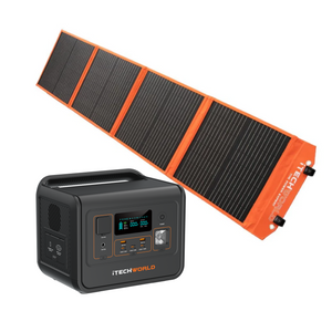 An iTechworld Essential Solar Generator Kit, featuring the PS800 Power Station and a 100W Solar Blanket in orange and black, is shown fully extended behind the compact black unit with a digital display and multiple ports. Both devices are branded with iTechworld, delivering a reliable portable power solution for all your outdoor needs.