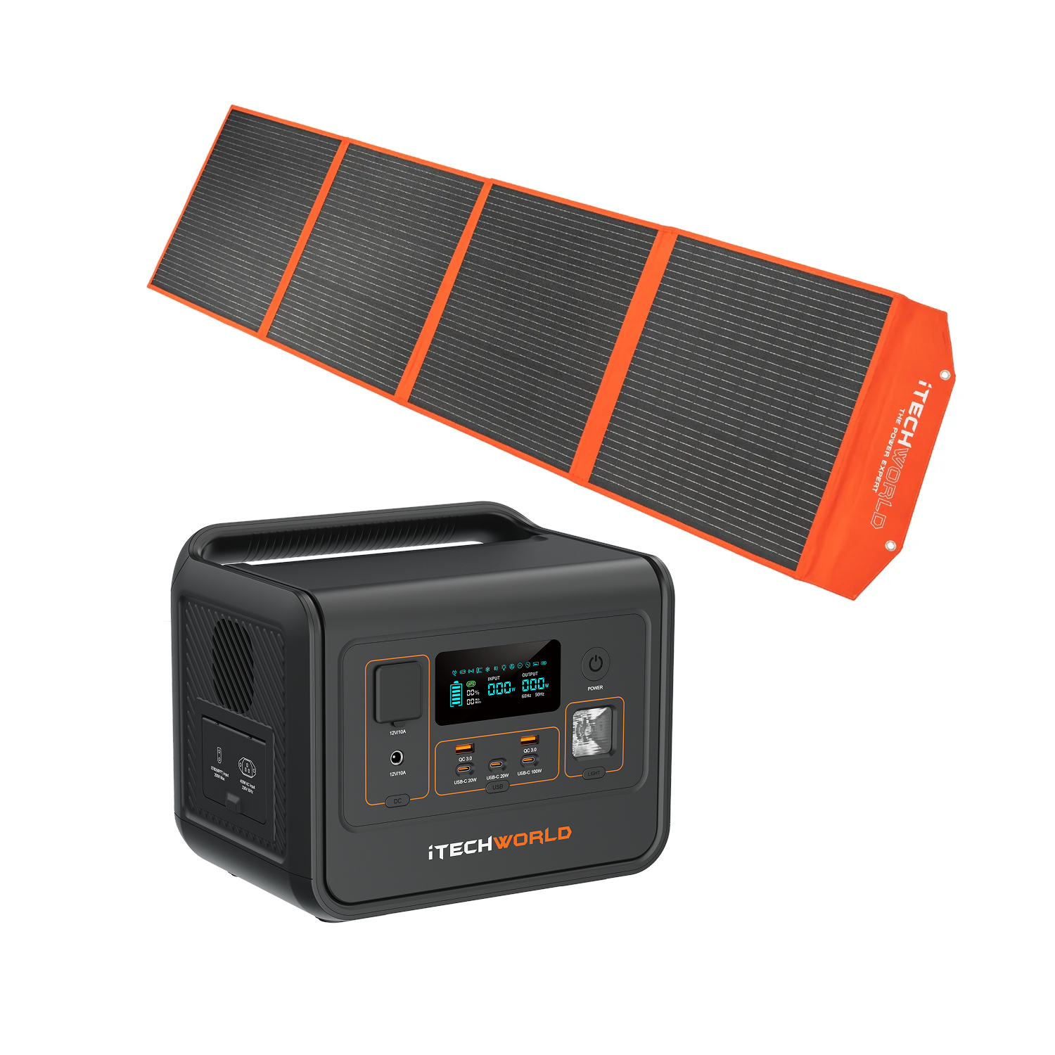 The iTechworld Deluxe Solar Generator Kit features the PS800 Power Station with digital display and a foldable 200W orange and black solar blanket, both shown on a white background.