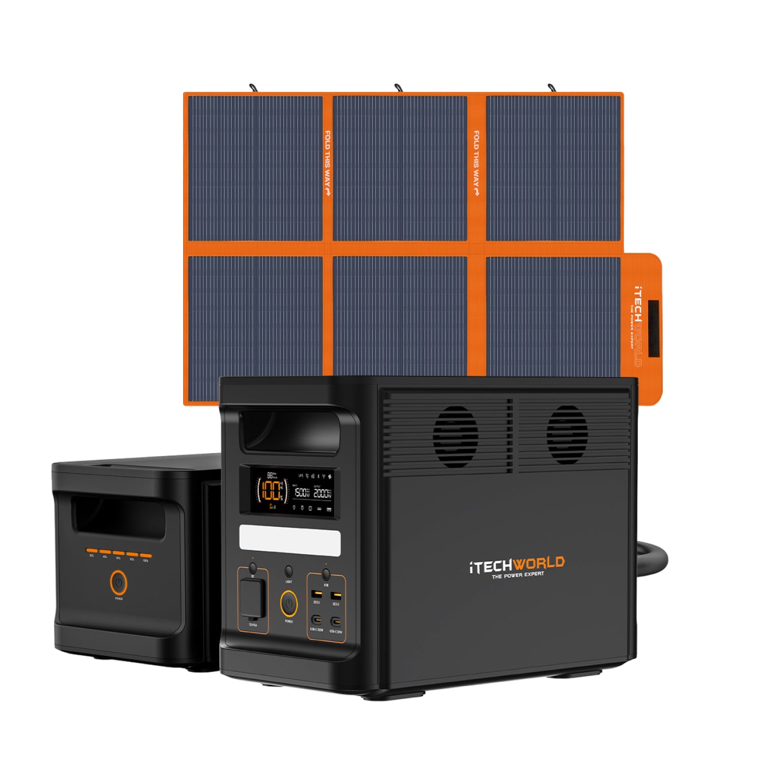 The iTechworld Flexi Off-Grid Max Solar Generator Kit, featuring the PS1800 PRO Power Station, a 200W foldable solar mat, and an expansion battery with advanced LiFePO4 technology, is a black unit with orange accents—labeled iTechworld—making it the perfect portable solar generator solution for all your off-grid adventures.