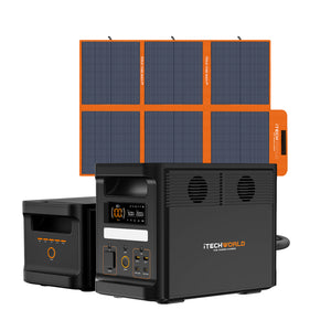 The iTechworld Flexi Off-Grid Max Solar Generator Kit, featuring the PS1800 PRO Power Station, a 200W foldable solar mat, and an expansion battery with advanced LiFePO4 technology, is a black unit with orange accents—labeled iTechworld—making it the perfect portable solar generator solution for all your off-grid adventures.