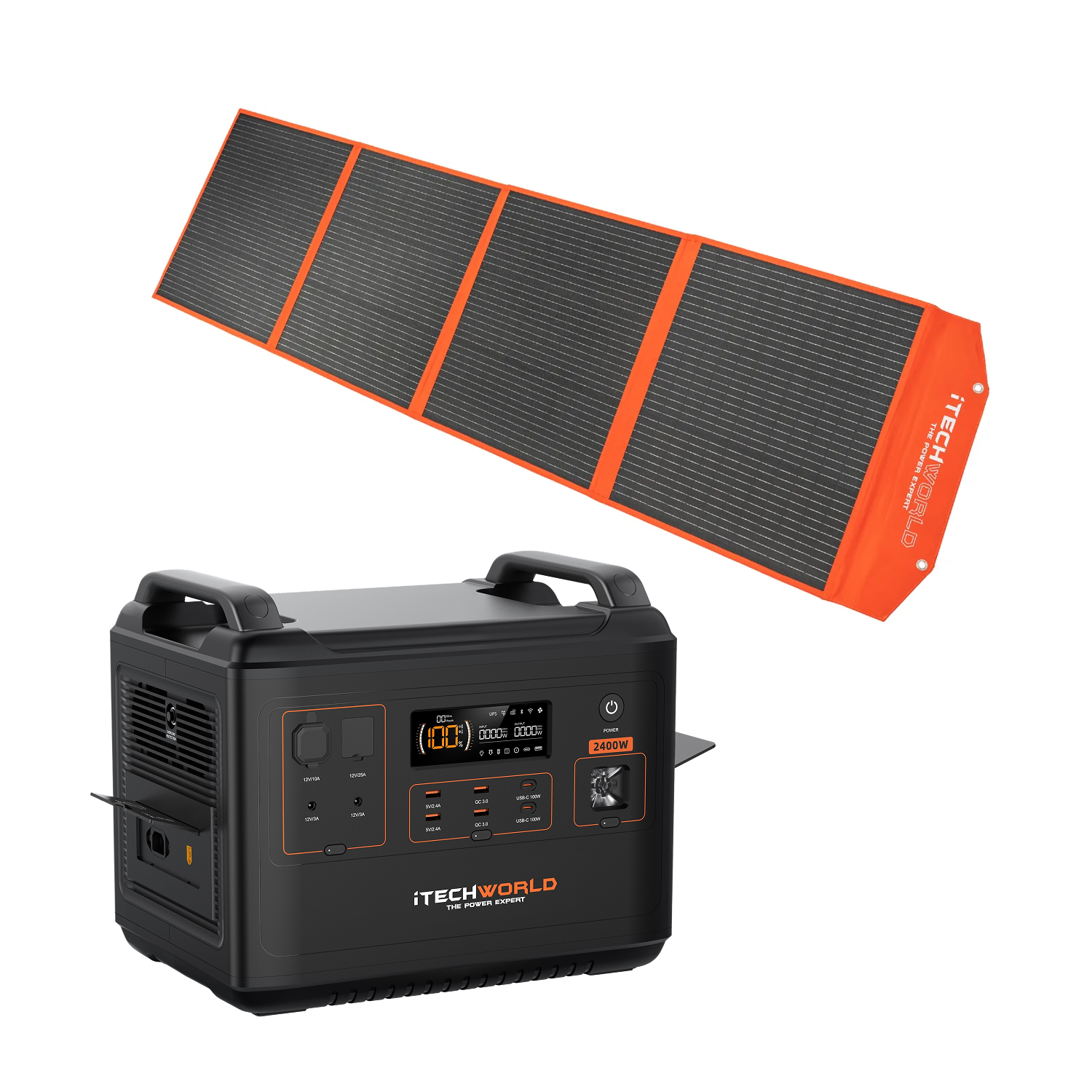 The iTechworld Premium Solar Generator Kit includes the PS2000 Power Station with digital display and multiple ports, paired with a foldable black and orange 200W solar blanket for reliable off-grid power.