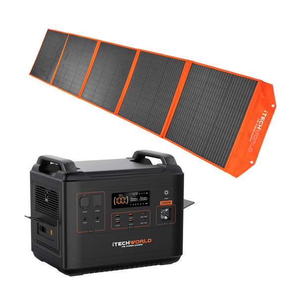 The iTechworld Elite Solar Generator Kit features the PS2000 black lithium power station with multiple outlets and digital display, shown below a large foldable orange and black 300W portable solar blanket.