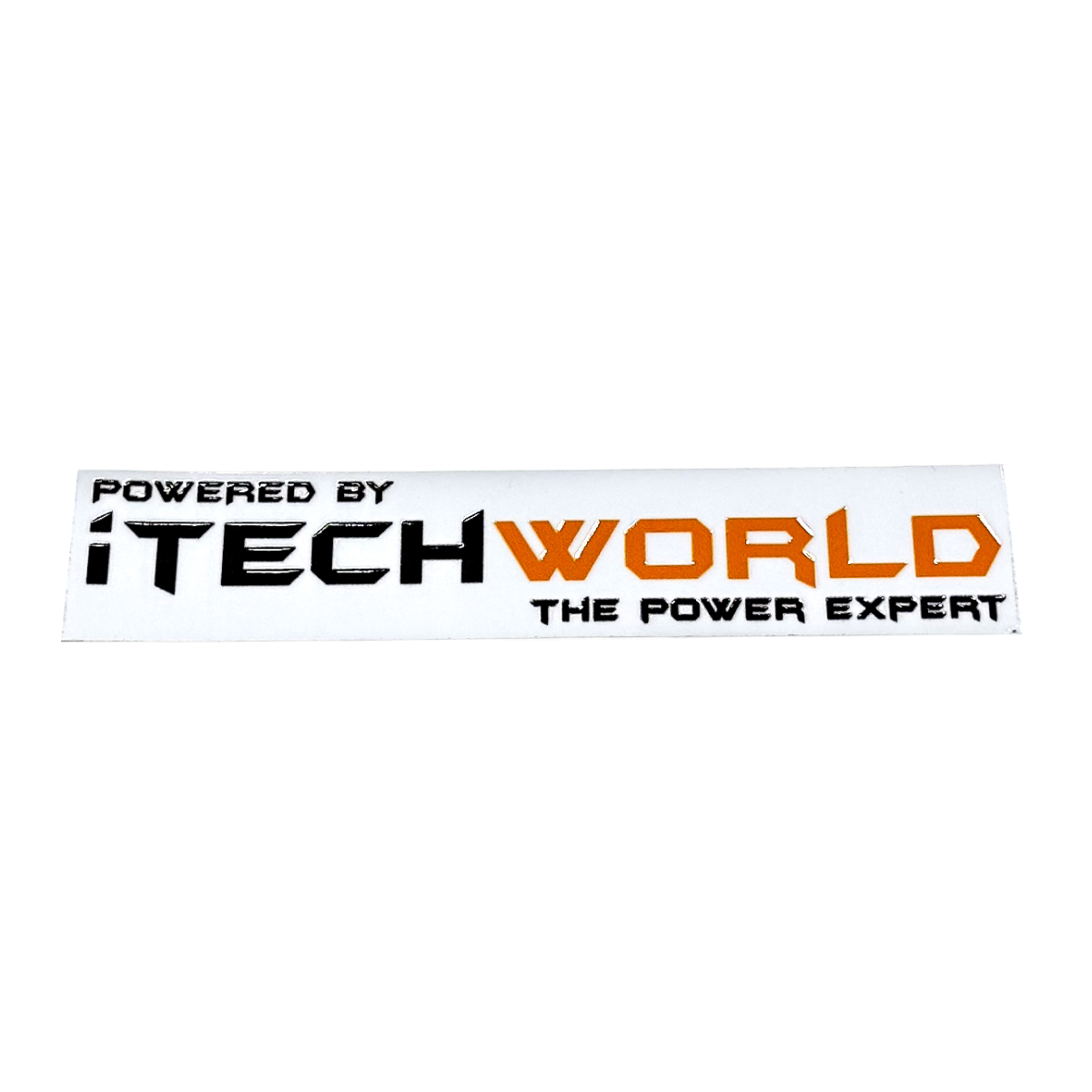 The iTechworld Small Sticker is a white, rectangular vinyl decal with UV resistance, featuring black and orange Powered by iTechworld The Power Expert text.