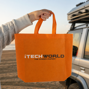 A person holds an orange iTechworld | Tote Bag | Reusable with "THE POWER EXPERT" printed on it, standing near a silver vehicle on a sandy beach at sunset.