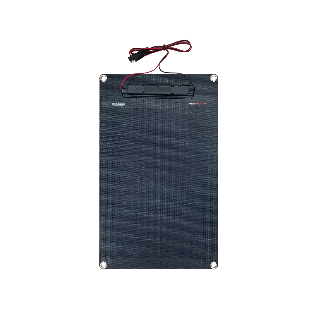 The iTechworld Solar Panel Trickle Charger 15W is a rectangular black panel with four corner mounting holes and red/black wires at the top, perfect for 12V/24V battery maintenance, shown on a white background.