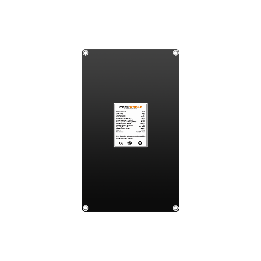 The iTechworld Solar Panel Trickle Charger 15W is a rectangular black electronic device with a centered white label featuring specs and the brand name. Compatible with 12V/24V systems, it’s perfect for battery maintenance. Four silver screws are at each corner.
