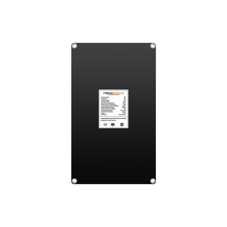 The iTechworld Solar Panel Trickle Charger 15W is a rectangular black electronic device with a centered white label featuring specs and the brand name. Compatible with 12V/24V systems, it’s perfect for battery maintenance. Four silver screws are at each corner.