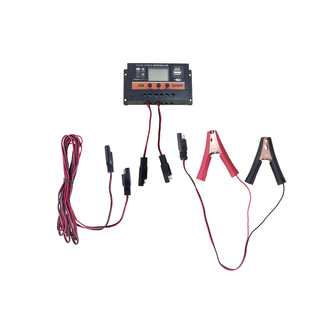 The iTechworld 15W Solar Panel Trickle Charger, compatible with 12V/24V systems, features a digital display, red/black wires, multiple connectors, and alligator clips—perfect for battery maintenance—shown on a white background.
