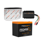 The Under Bonnet Kit | Dual Battery System | 105Ah is shown on a white background, featuring a lithium battery, black DC-DC charger with wires, and a silver ITECHWORLD-branded adhesive strip—perfect for dual battery setups.