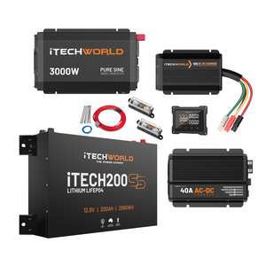 The Ultimate | 4WD Kit | with iTECH200SS includes a slim lithium battery, 3000W inverter, chargers, cables, fuses, and a battery monitor—perfect for your dual battery setup—all displayed on a white background.