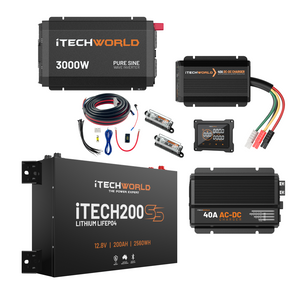 The iTechworld Ultimate 4WD Kit with iTECH200SS includes a 3000W inverter, Super Slim Lithium Battery, 40A DC-DC charger, cables, fuses & wiring accessories—all displayed on a white background for your next 4WD dual battery setup.