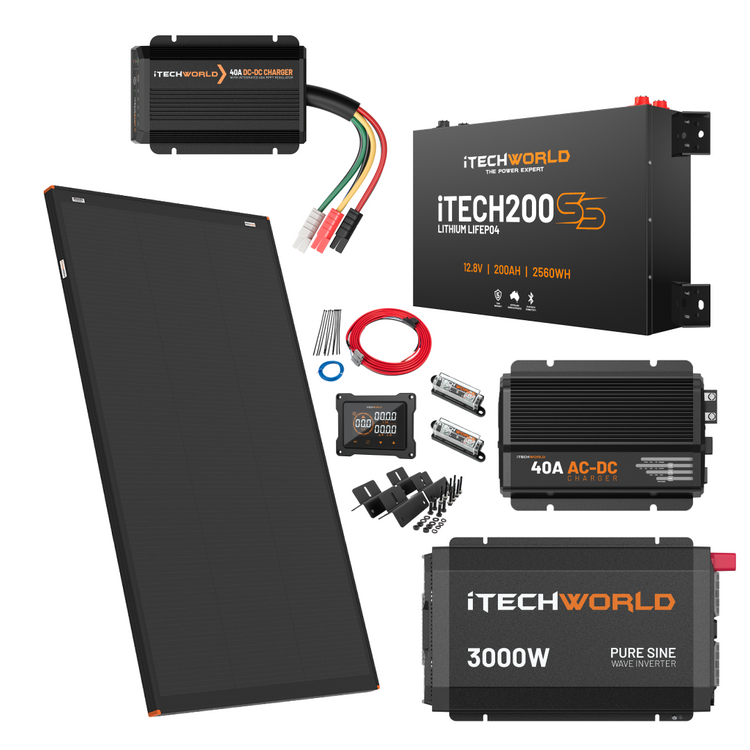 The Ultimate | 4WD Kit | with iTECH200SS includes a foldable solar panel, slim lithium battery, inverter, charger, cables, fuses, connectors, and mounting hardware—all by iTECHWORLD.