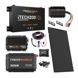 The iTechworld Ultimate 4WD Kit with iTECH200SS includes a super slim lithium battery, 40A AC-DC charger (black), 3000W pure sine inverter, solar panel, cables, fuses, and mounts—ideal for a reliable dual battery 4WD setup.