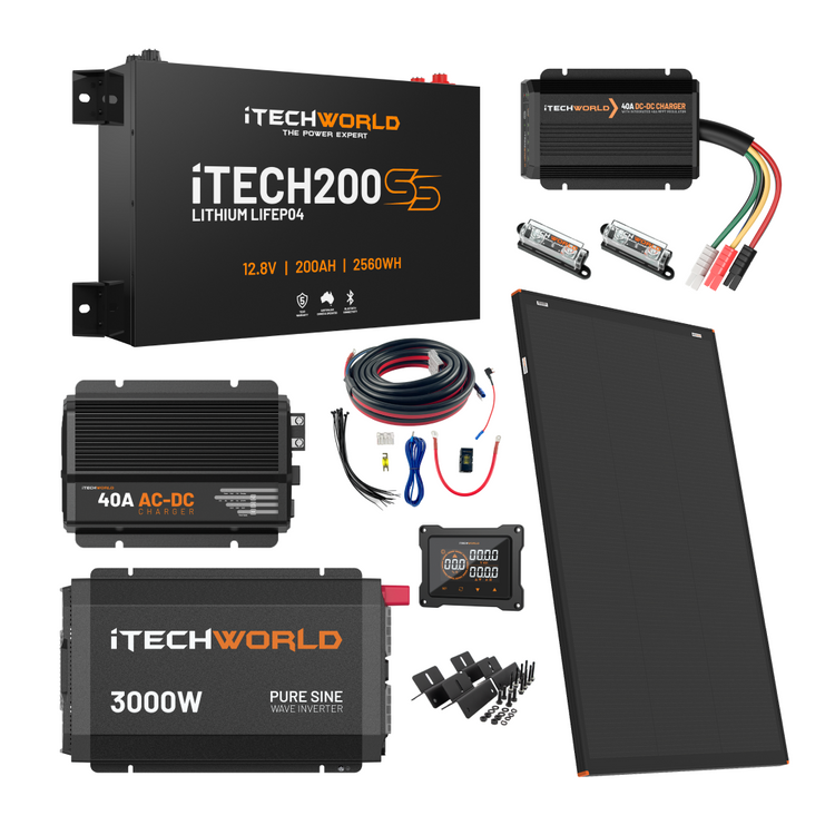 The iTechworld Ultimate 4WD Kit with iTECH200SS includes a super slim lithium battery, 40A AC-DC charger (black), 3000W pure sine inverter, solar panel, cables, fuses, and mounts—ideal for a reliable dual battery 4WD setup.