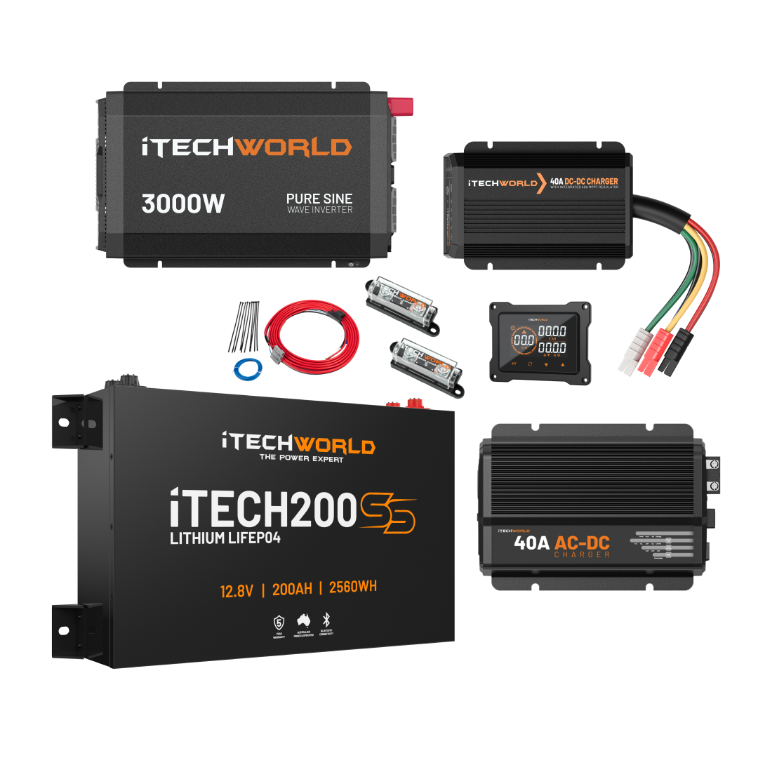 The iTechworld Ultimate 4WD Kit with iTECH200SS includes a 3000W inverter, Super Slim Lithium Battery, 40A DC-DC charger, cables, fuses & wiring accessories—all displayed on a white background for your next 4WD dual battery setup.
