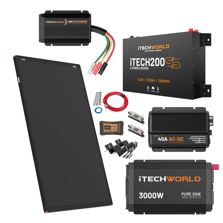 The Ultimate | 4WD Kit | with iTECH200SS includes a foldable solar panel, slim lithium battery, inverter, charger, cables, fuses, connectors, and mounting hardware—all by iTECHWORLD.