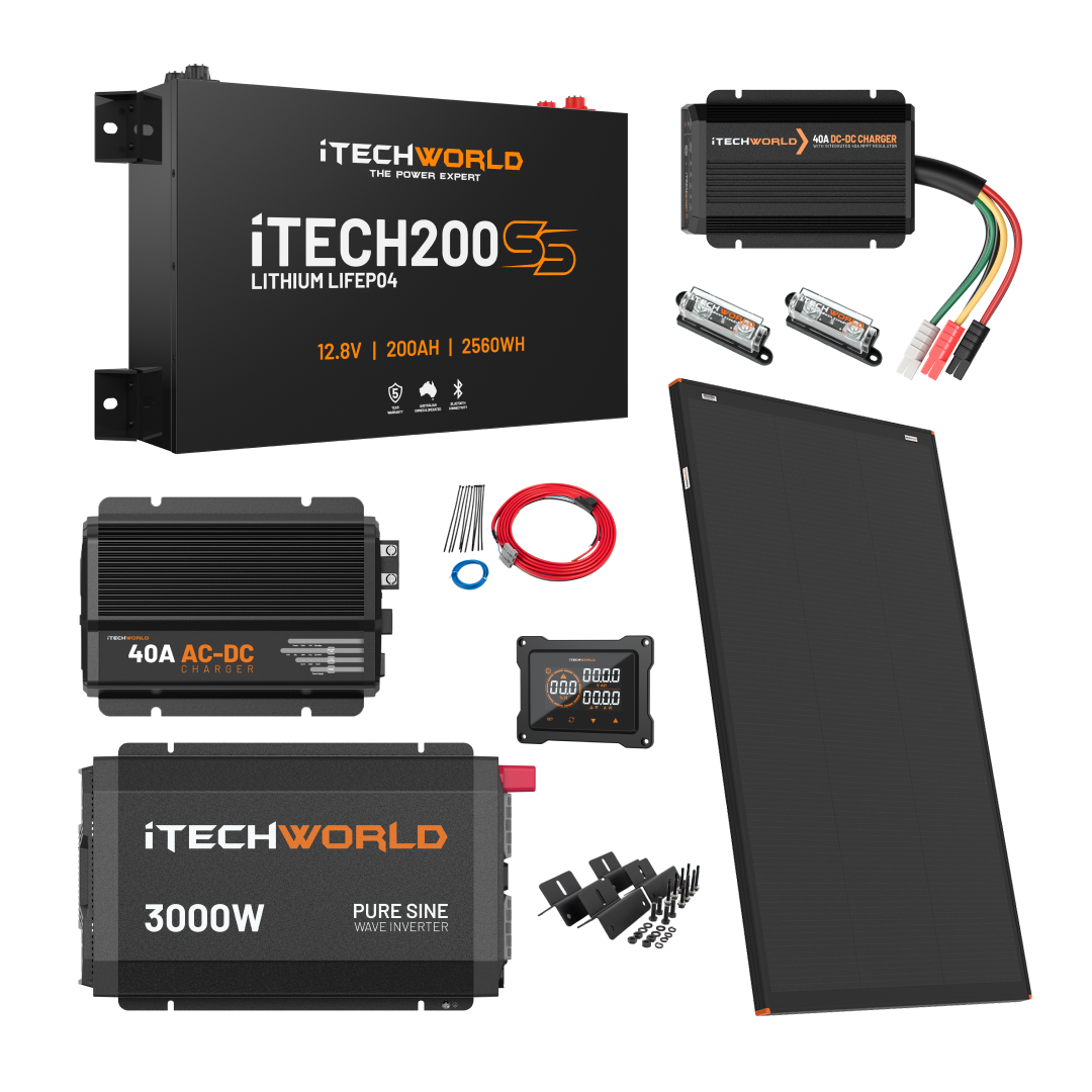 The iTechworld Ultimate 4WD Kit with iTECH200SS includes a super slim lithium battery, 40A AC-DC charger (black), 3000W pure sine inverter, solar panel, cables, fuses, and mounts—ideal for a reliable dual battery 4WD setup.