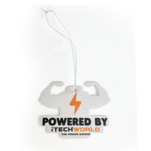 The iTechworld Air Freshener features a white flexed arms design with an orange lightning bolt, "POWERED BY iTECHWORLD THE POWER EXPERT" text, and a hanging string. Enjoy a long-lasting new car scent from iTechworld.