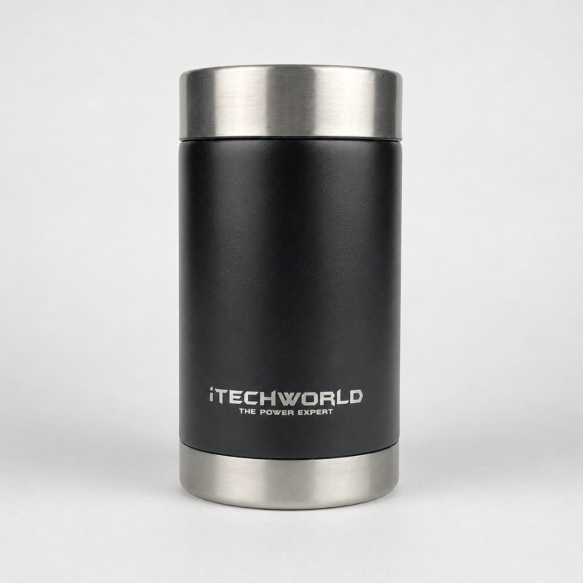 A black and silver iTechworld 375mL can cooler with “iTECHWORLD THE POWER EXPERT” in white on the front, shown against a light gray background.
