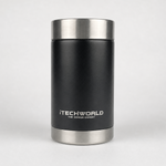 A black and silver iTechworld 375mL can cooler with “iTECHWORLD THE POWER EXPERT” in white on the front, shown against a light gray background.