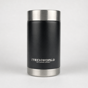A black and silver iTechworld 375mL can cooler with “iTECHWORLD THE POWER EXPERT” in white on the front, shown against a light gray background.