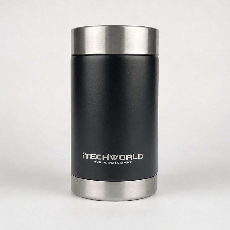 A black and silver iTechworld 375mL can cooler with “iTECHWORLD THE POWER EXPERT” in white on the front, shown against a light gray background.