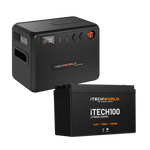 Two black iTechworld products— the Dual Battery System 100Ah Premium Gofurther with iTECH100 Lithium Battery—feature display panels and branding, offering a powerful solution for off-grid power needs.