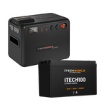 Two black iTechworld portable power units: a cube-shaped model with buttons, display, and ports, and the iTechworld Premium GoFurther Dual Battery System (100Ah Lithium LiFePO4 with 40A DCDC Charger).