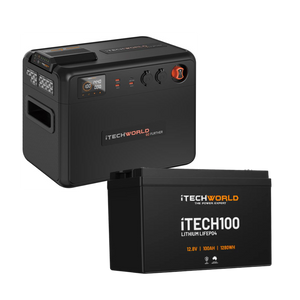 Two black iTechworld portable power units: a cube-shaped model with buttons, display, and ports, and the iTechworld Premium GoFurther Dual Battery System (100Ah Lithium LiFePO4 with 40A DCDC Charger).