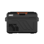 A black iTechworld iFROST 40L portable fridge freezer with a textured design, side handles, and an orange latch. Features single zone cooling and an efficient LG compressor. iFROST branding appears on the top left corner, shown against a white background.
